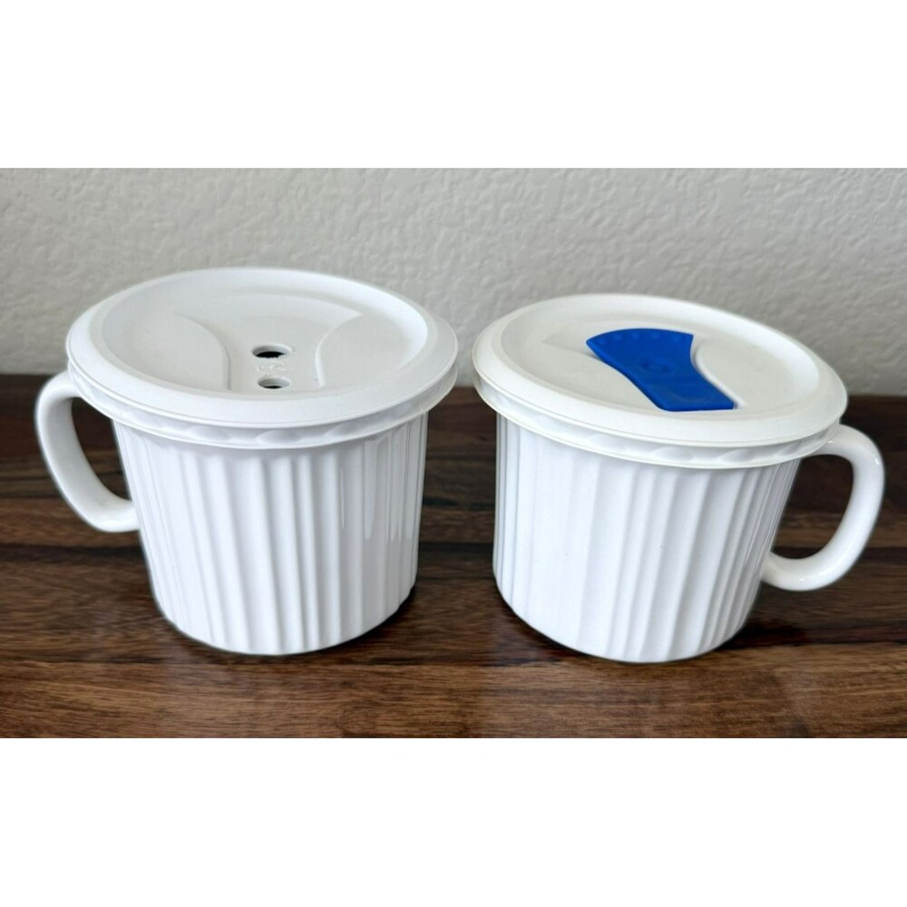 2 Corning Ware French White Microwave & Oven Soup Mug Lid 20oz *missing a piece